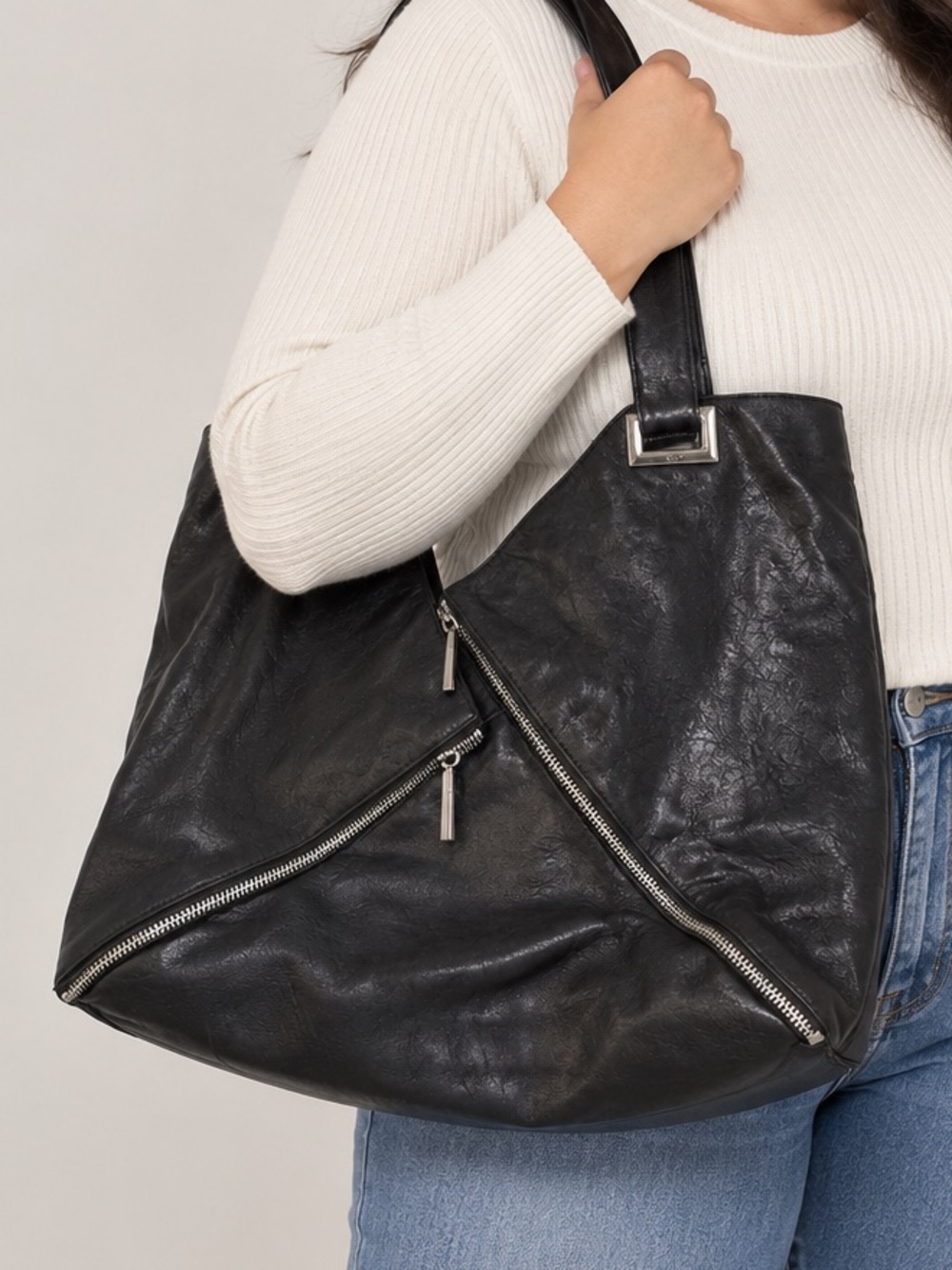 Kooba Ryder Black Leather Shoulder Tote with Diagonal Zipper Detail